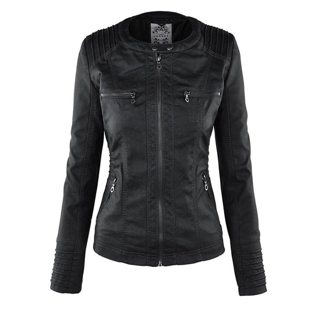 Women's Hooded Faux Leather Moto Coat Zip-Up Biker Jacket