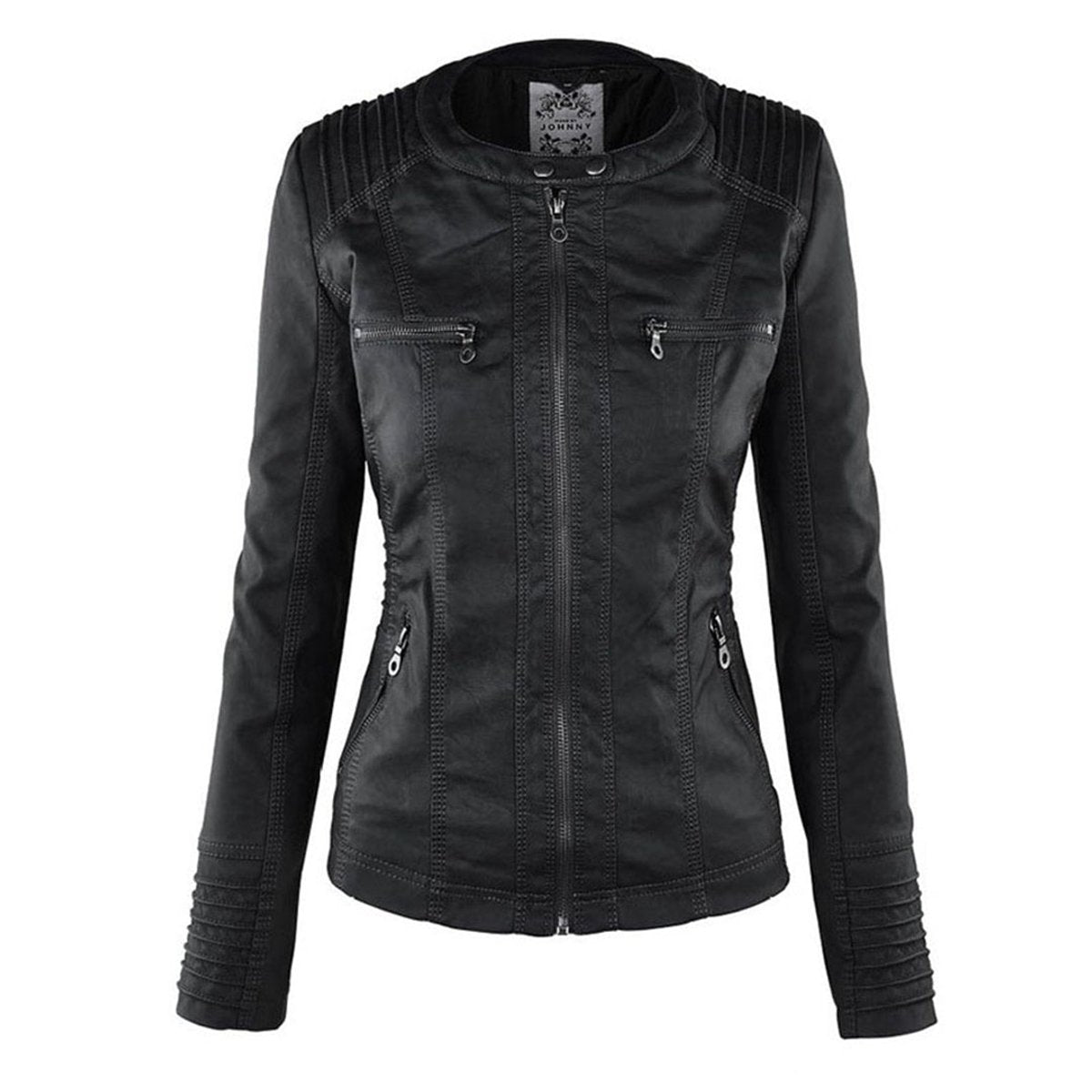 Women's Hooded Faux Leather Moto Coat Zip-Up Biker Jacket