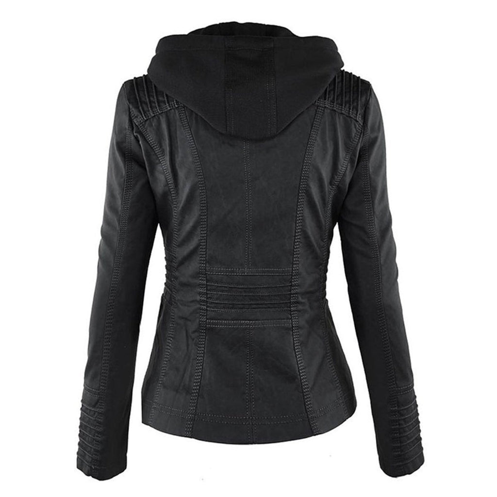 Women's Hooded Faux Leather Moto Coat Zip-Up Biker Jacket