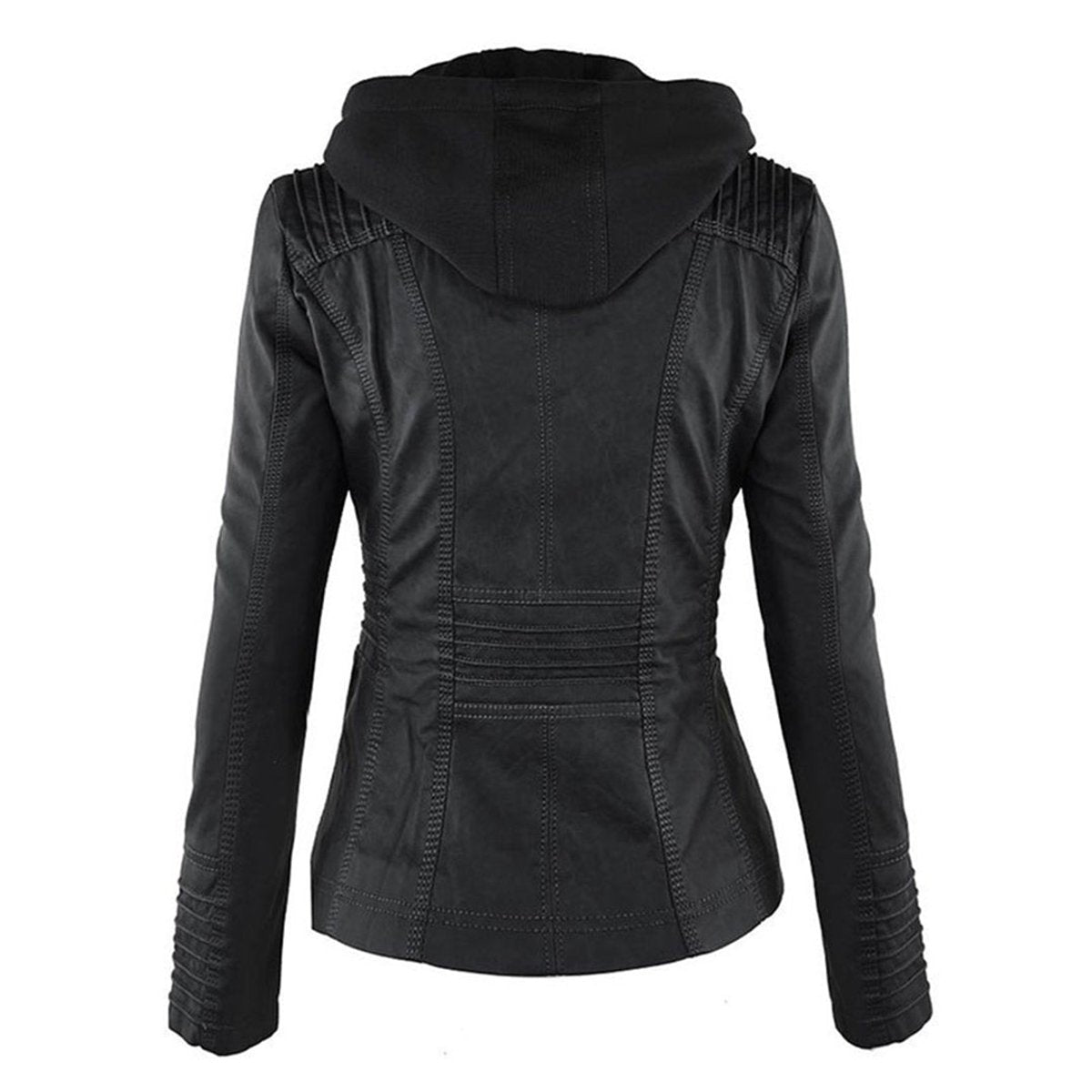 Women's Hooded Faux Leather Moto Coat Zip-Up Biker Jacket