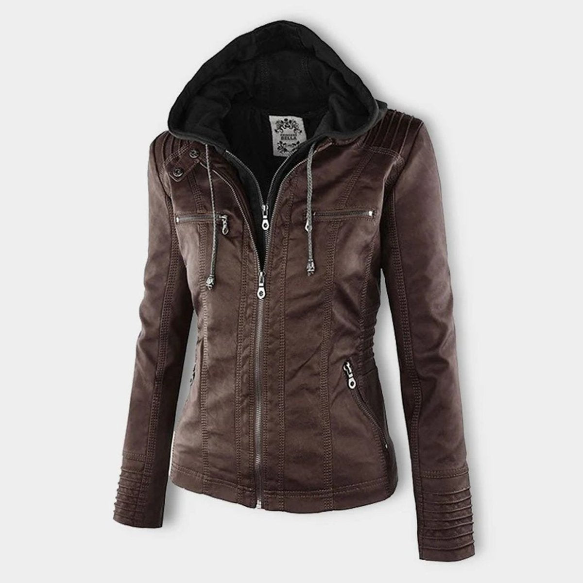 Women's Hooded Faux Leather Moto Coat Zip-Up Biker Jacket