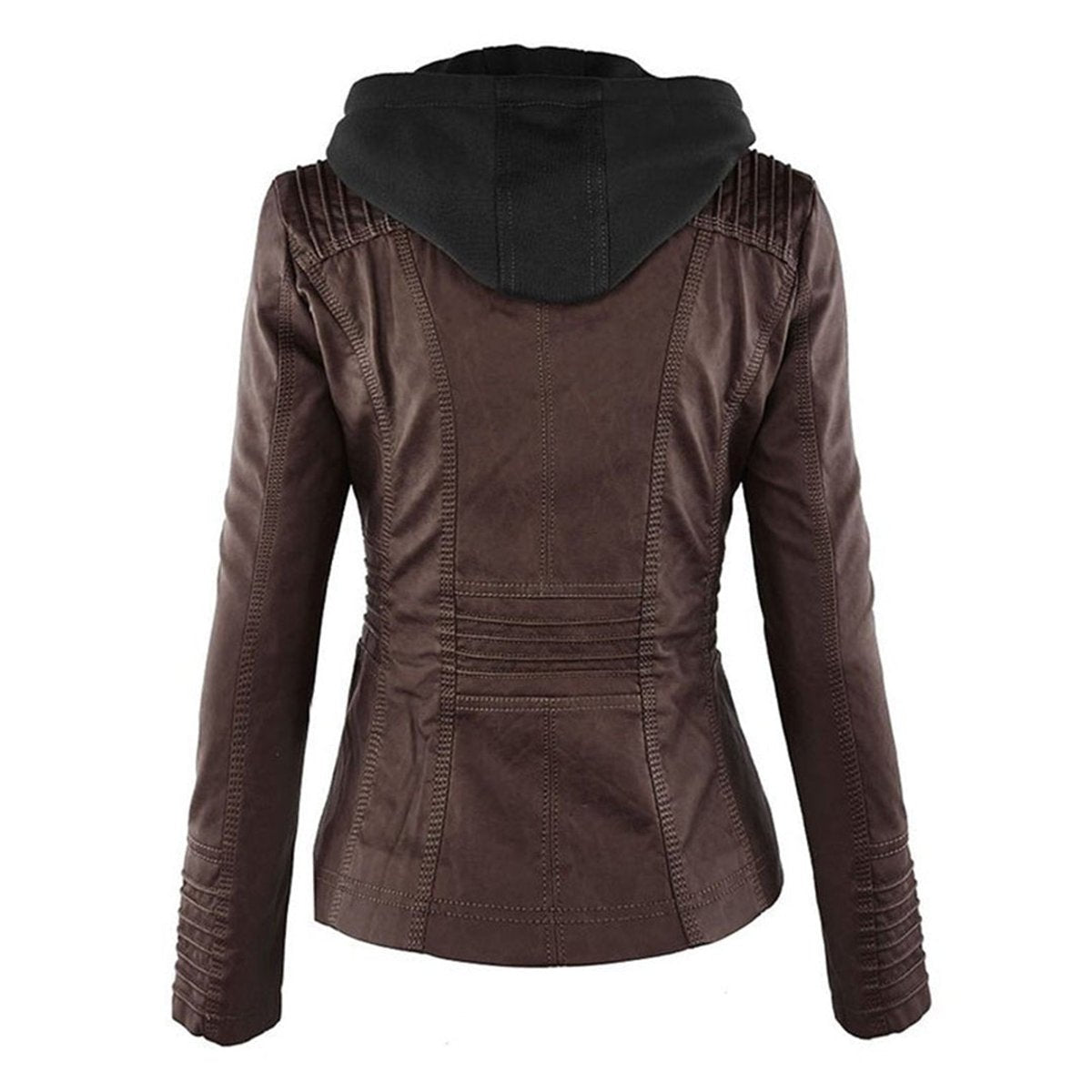 Women's Hooded Faux Leather Moto Coat Zip-Up Biker Jacket