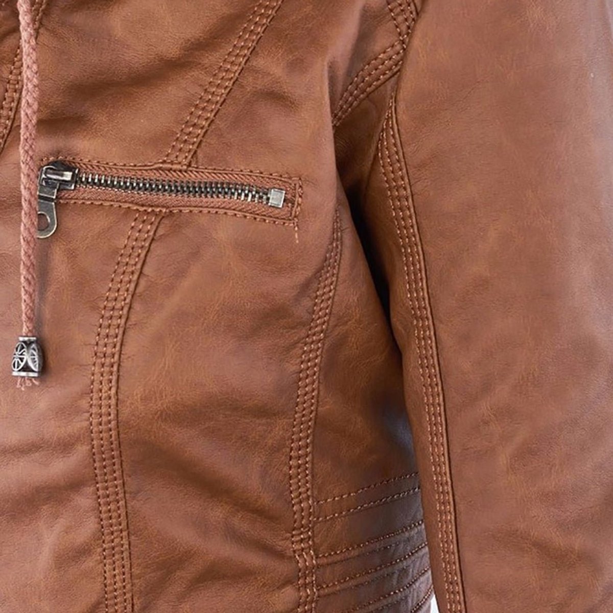 Women's Hooded Faux Leather Moto Coat Zip-Up Biker Jacket
