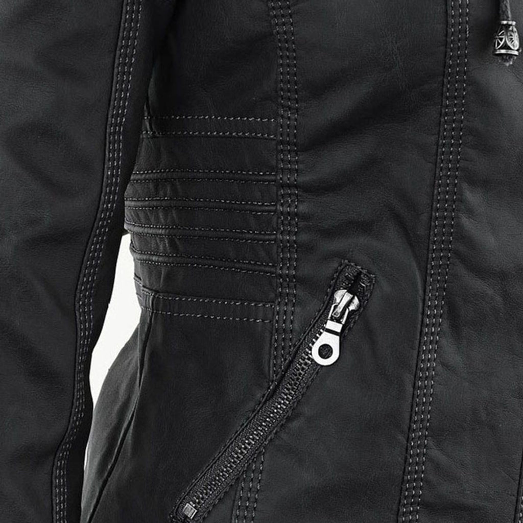 Women's Hooded Faux Leather Moto Coat Zip-Up Biker Jacket