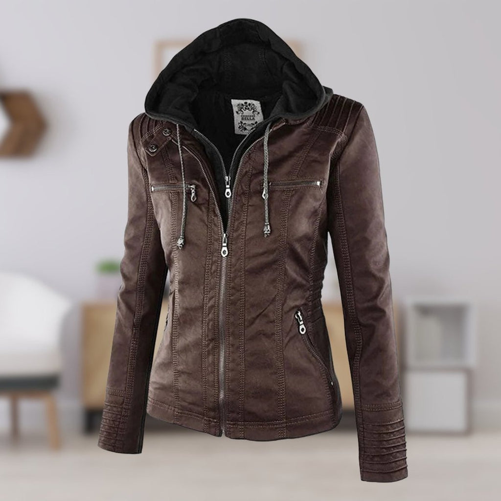 Women's Hooded Faux Leather Moto Coat Zip-Up Biker Jacket - Brown