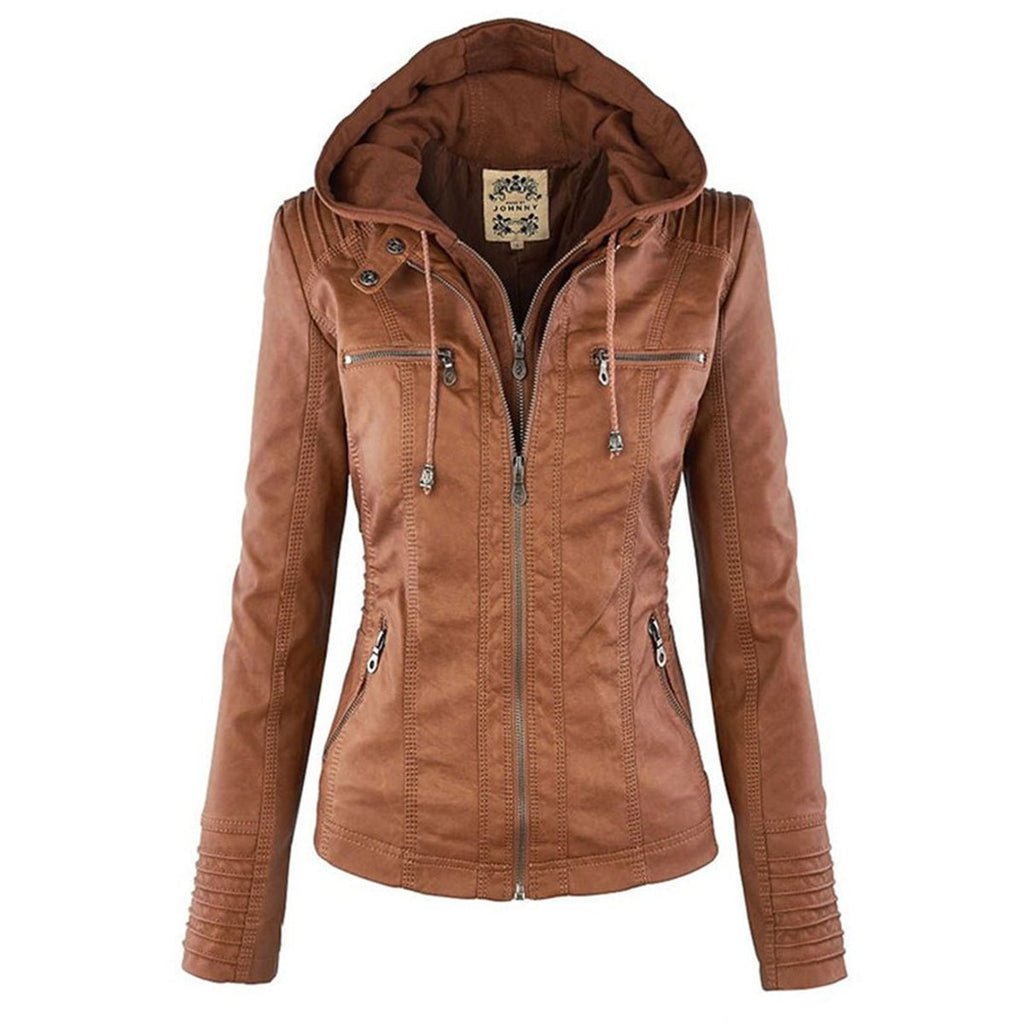 Women's Hooded Faux Leather Moto Coat Zip-Up Biker Jacket