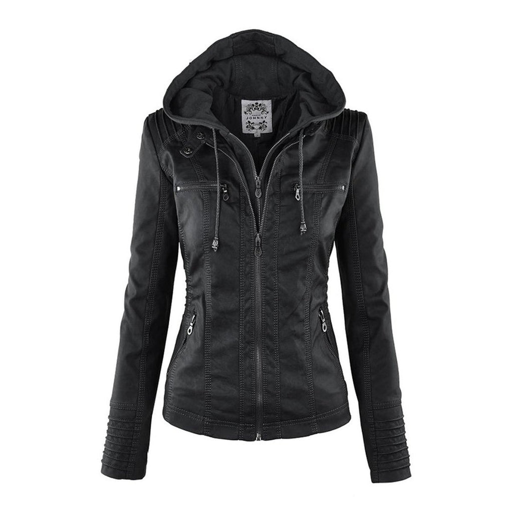 Women's Hooded Faux Leather Moto Coat Zip-Up Biker Jacket