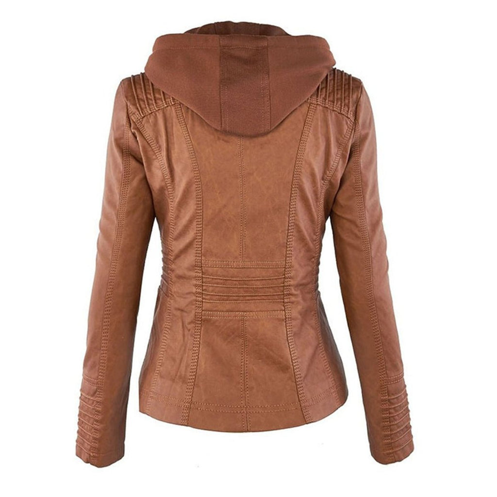 Women's Hooded Faux Leather Moto Coat Zip-Up Biker Jacket