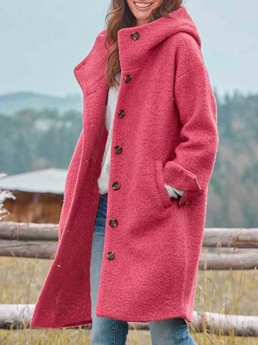 Women's Hooded Fleece Button-Front Long Women Coat - Pink