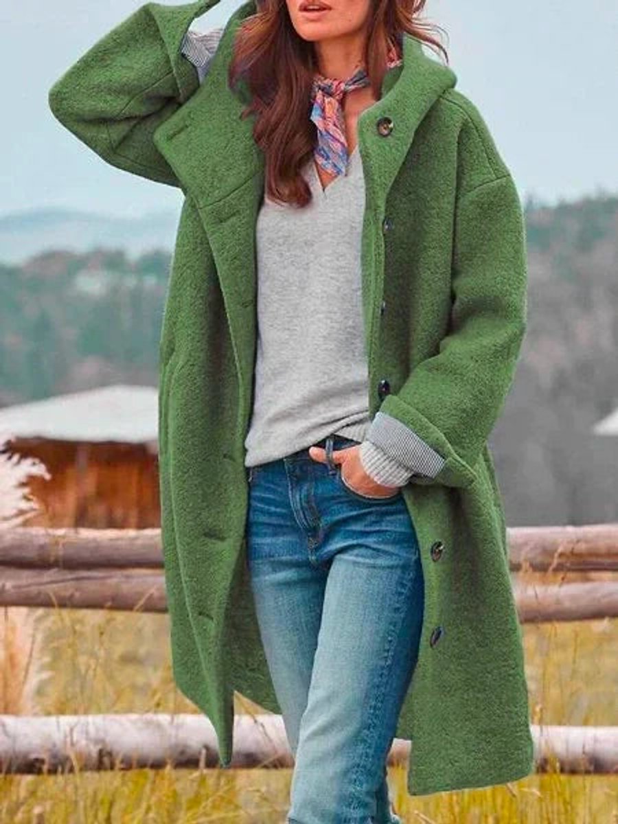 Women's Hooded Fleece Button-Front Long Women Coat - Dark Green