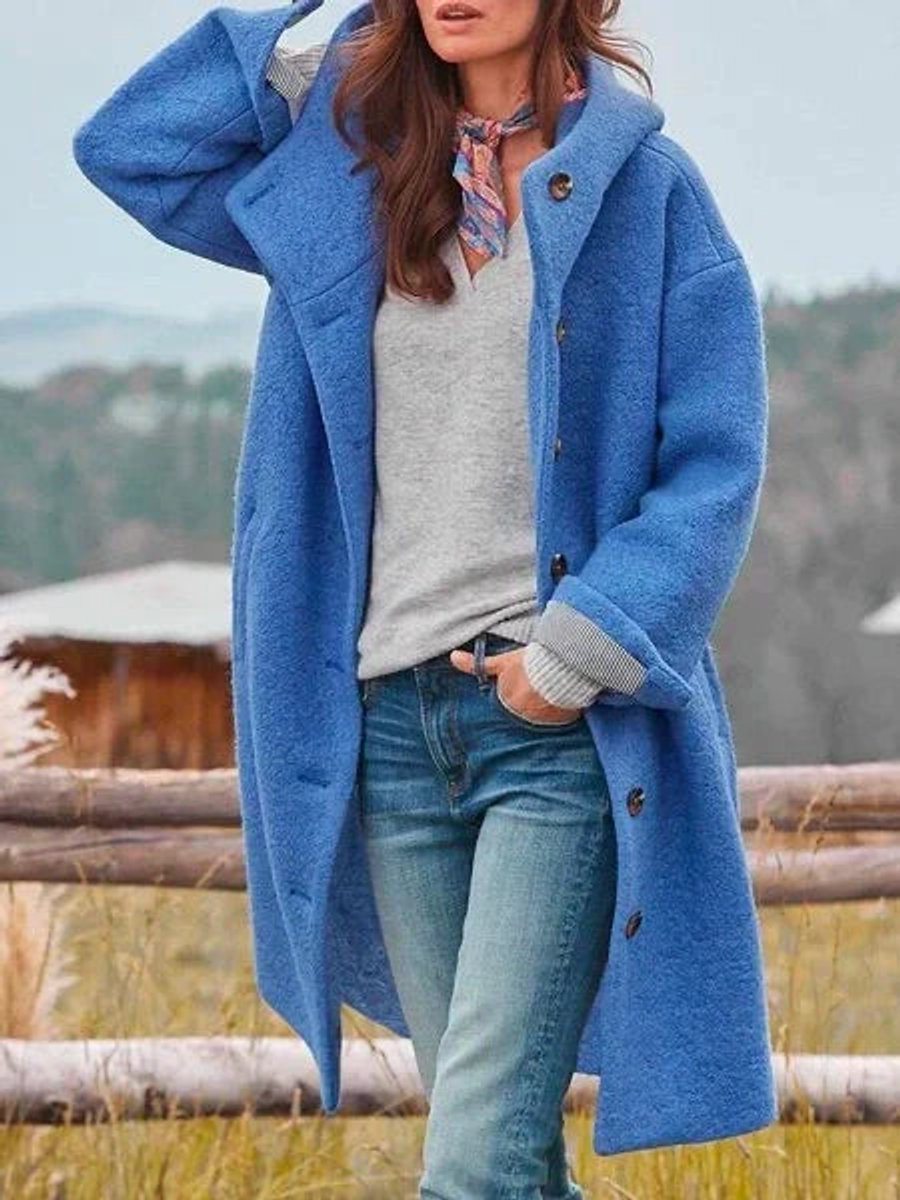 Women's Hooded Fleece Button-Front Long Women Coat - Blue