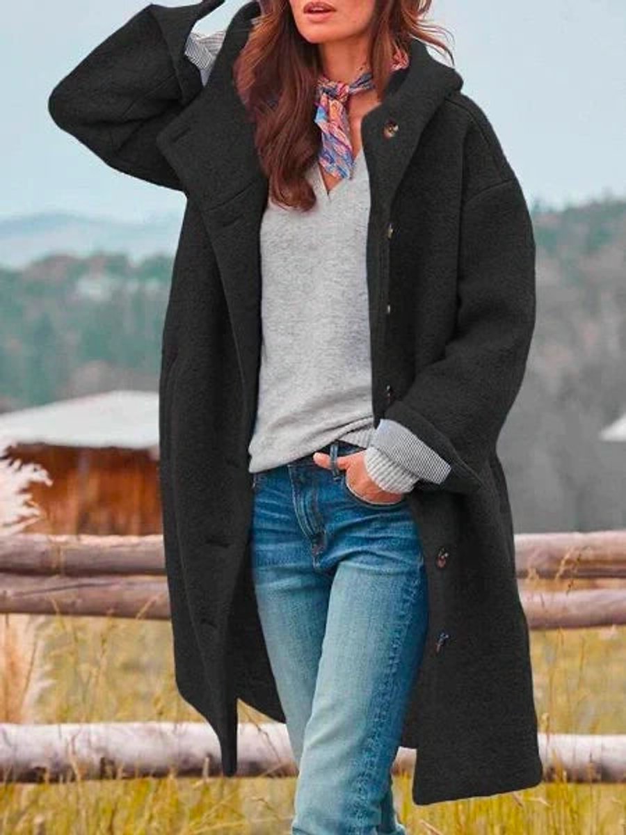Women's Hooded Fleece Button-Front Long Women Coat - Black