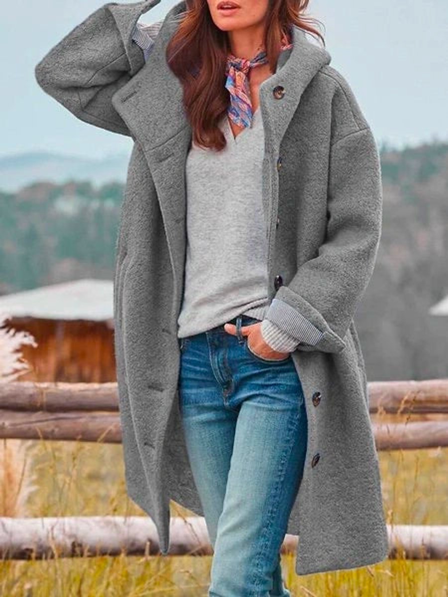 Women's Hooded Fleece Button-Front Long Women Coat - Gray