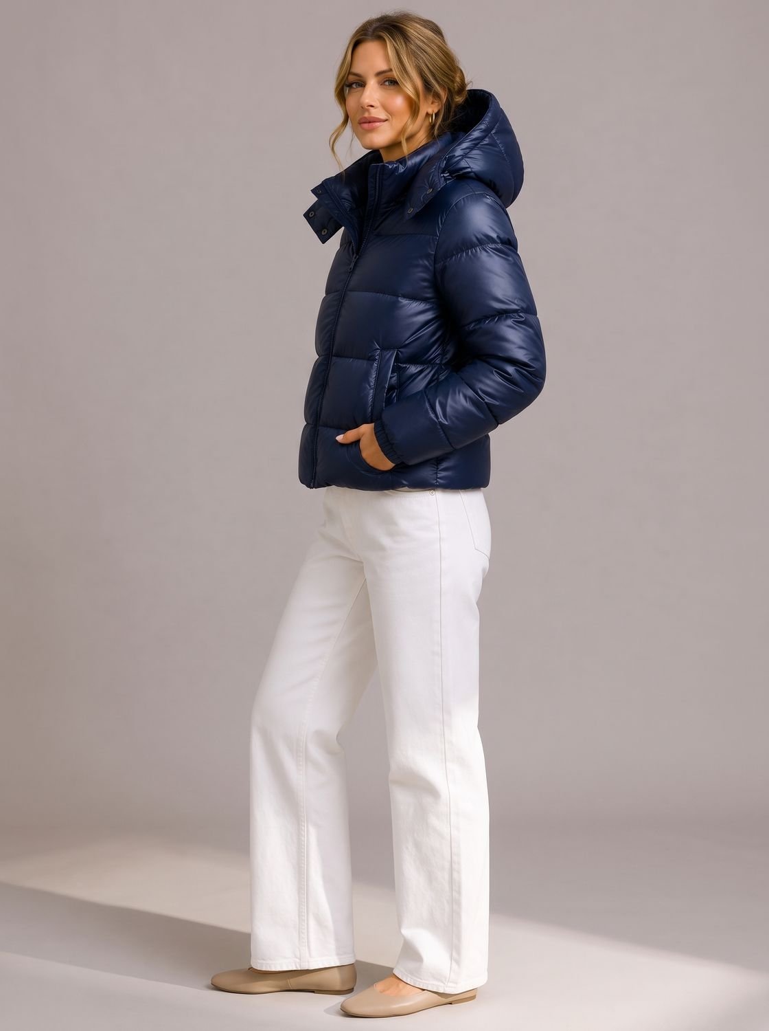 Women's Hooded Glossy Quilted Puffer Jacket - Navy