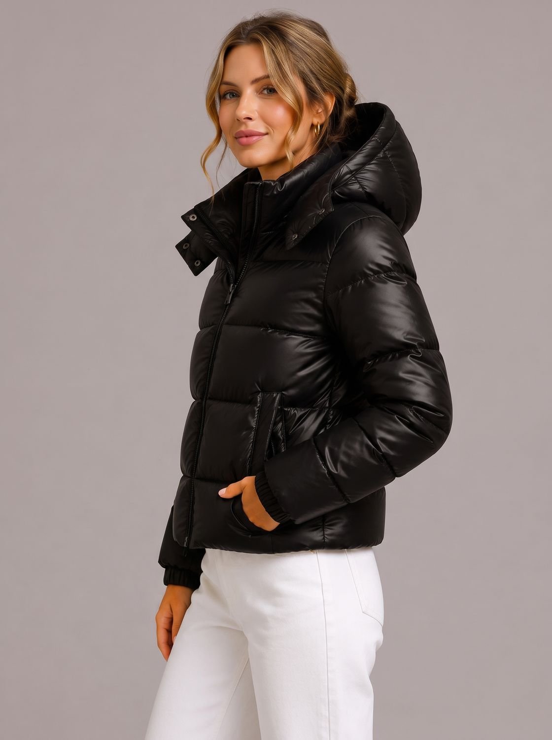 Women's Hooded Glossy Quilted Puffer Jacket - Black