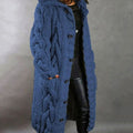 Women's Hooded Long Cable Knit Cardigan Button-Front Sweater Coat - Blue