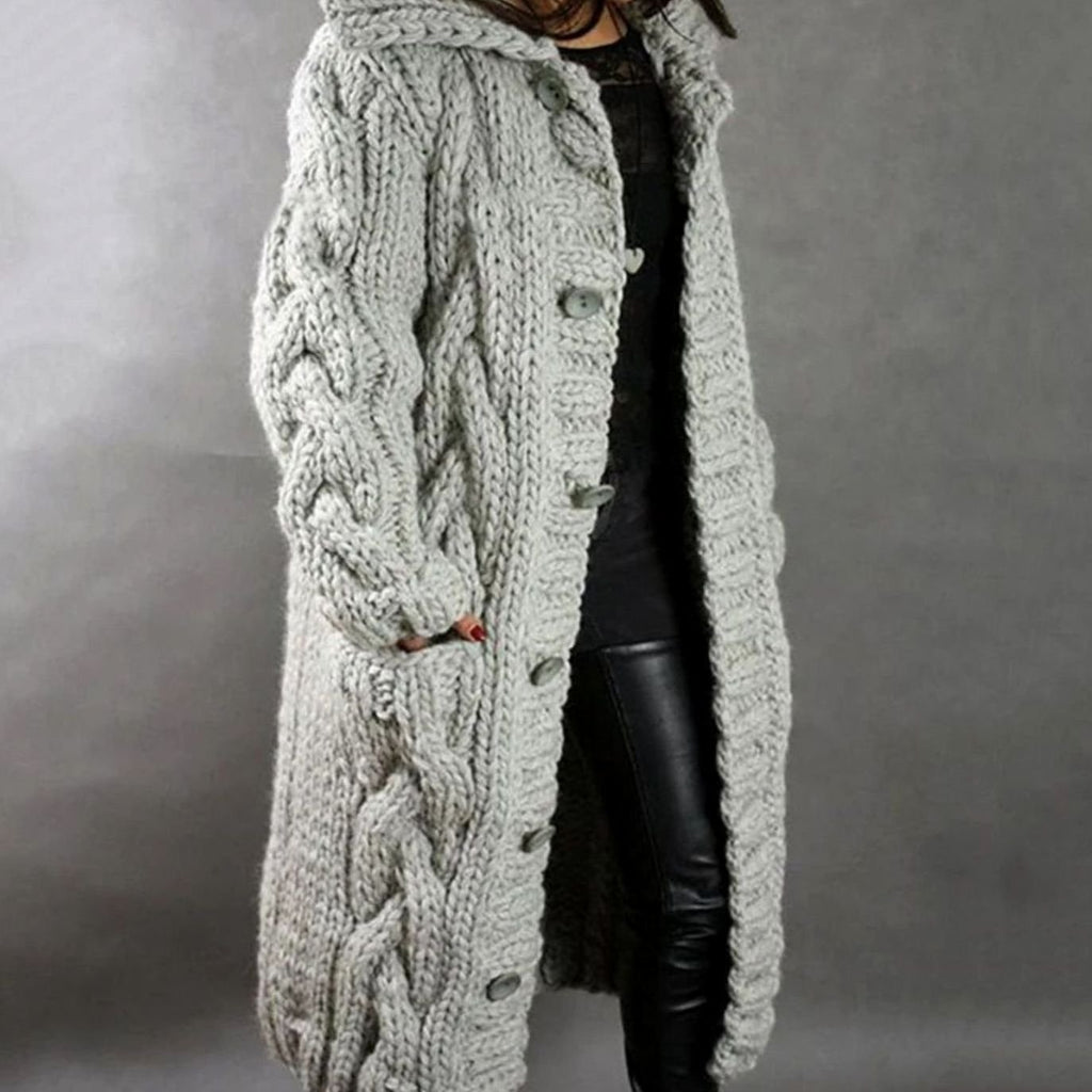 Women's Hooded Long Cable Knit Cardigan Button-Front Sweater Coat - Silver Grey