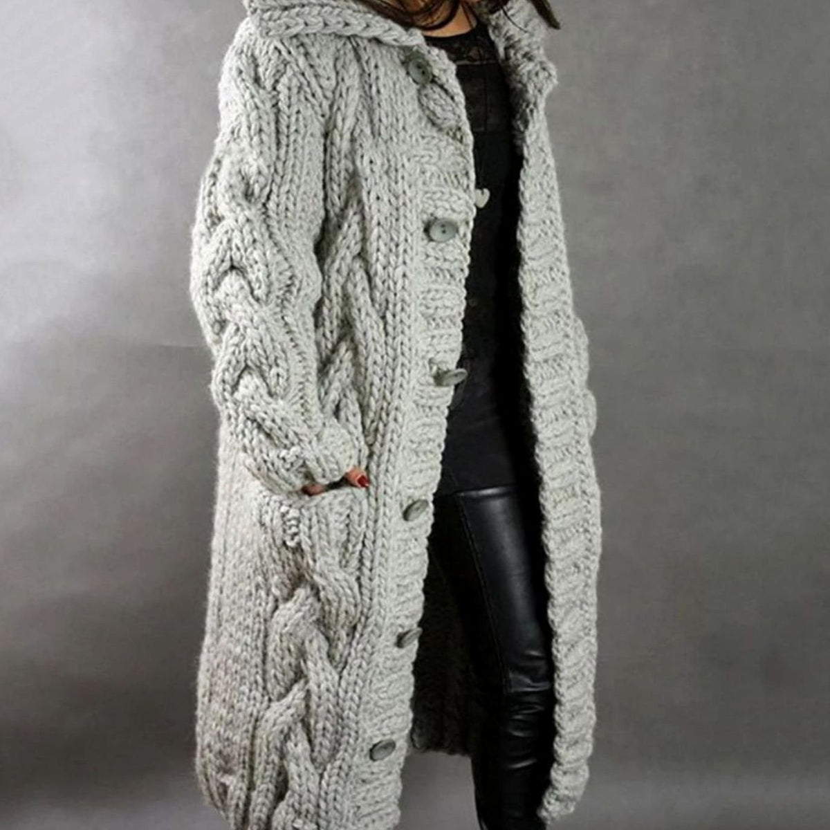 Women's Hooded Long Cable Knit Cardigan Button-Front Sweater Coat - Silver Grey