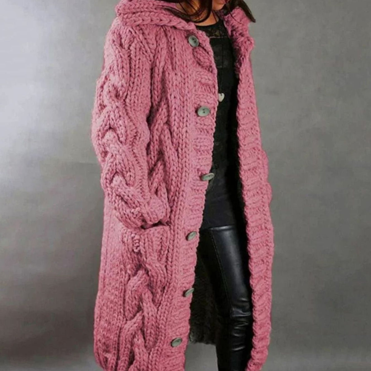 Women's Hooded Long Cable Knit Cardigan Button-Front Sweater Coat - Pink