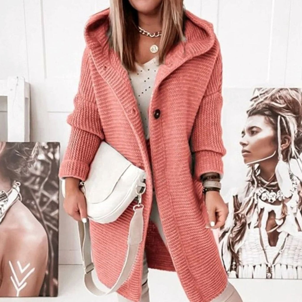 Women's Hooded Long-Sleeve Open-Front Knit Winter Cardigan - Salmon Pink