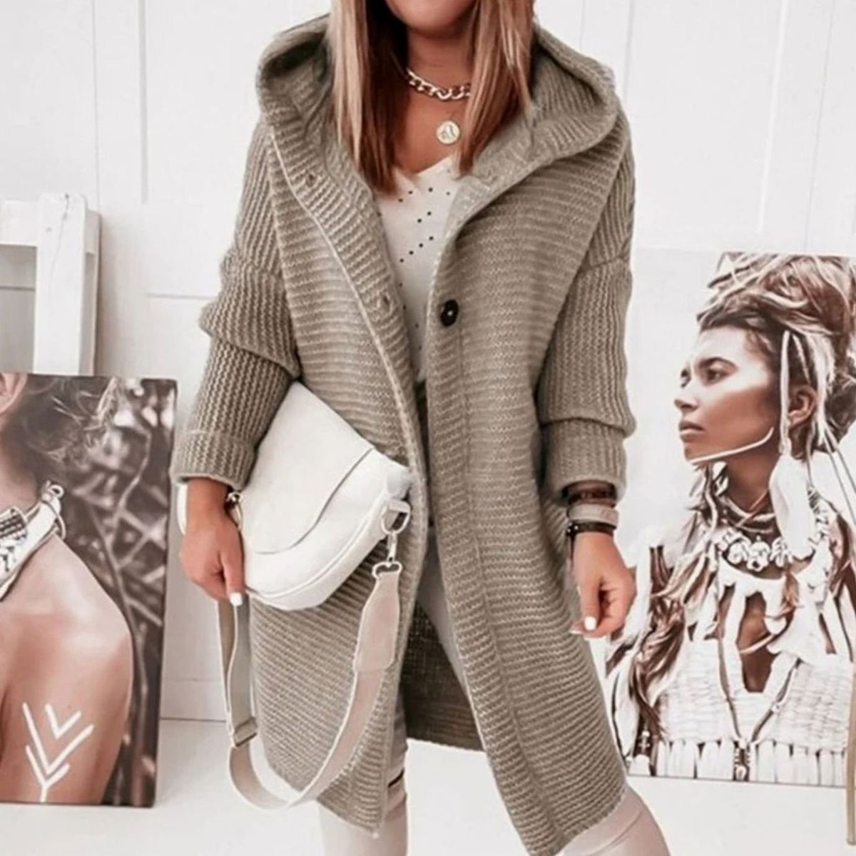 Women's Hooded Long-Sleeve Open-Front Knit Winter Cardigan - Khaki