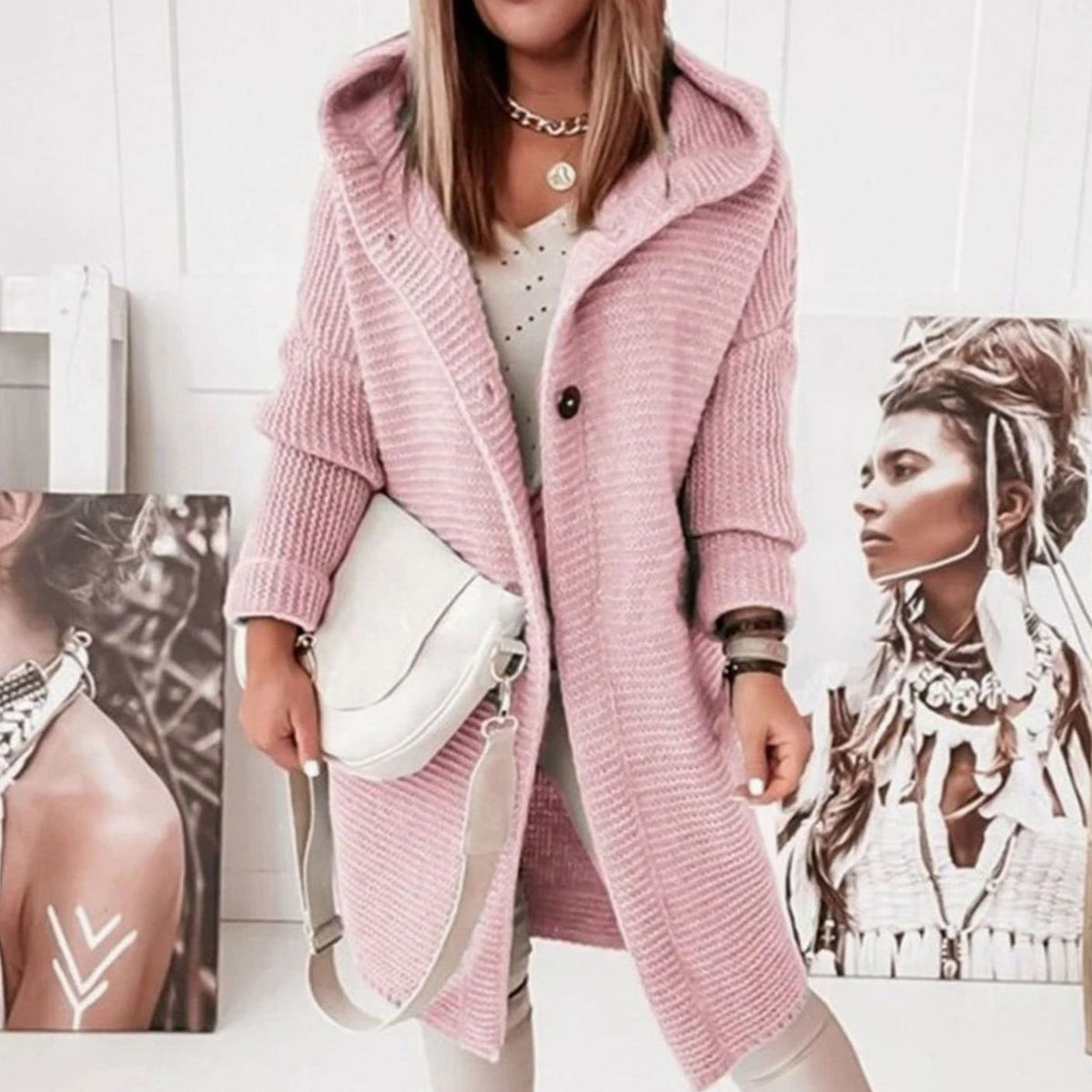 Women's Hooded Long-Sleeve Open-Front Knit Winter Cardigan - Pink