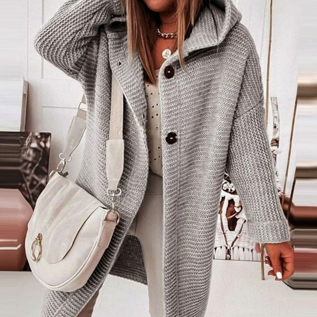 Women's Hooded Long-Sleeve Open-Front Knit Winter Cardigan - Gray