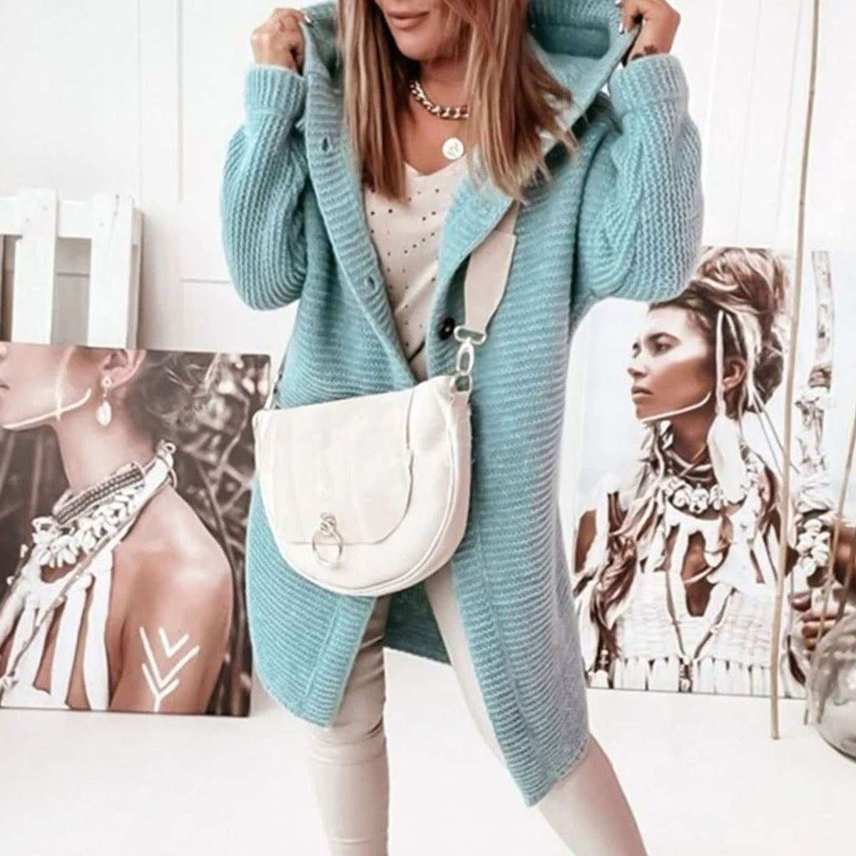 Women's Hooded Long-Sleeve Open-Front Knit Winter Cardigan