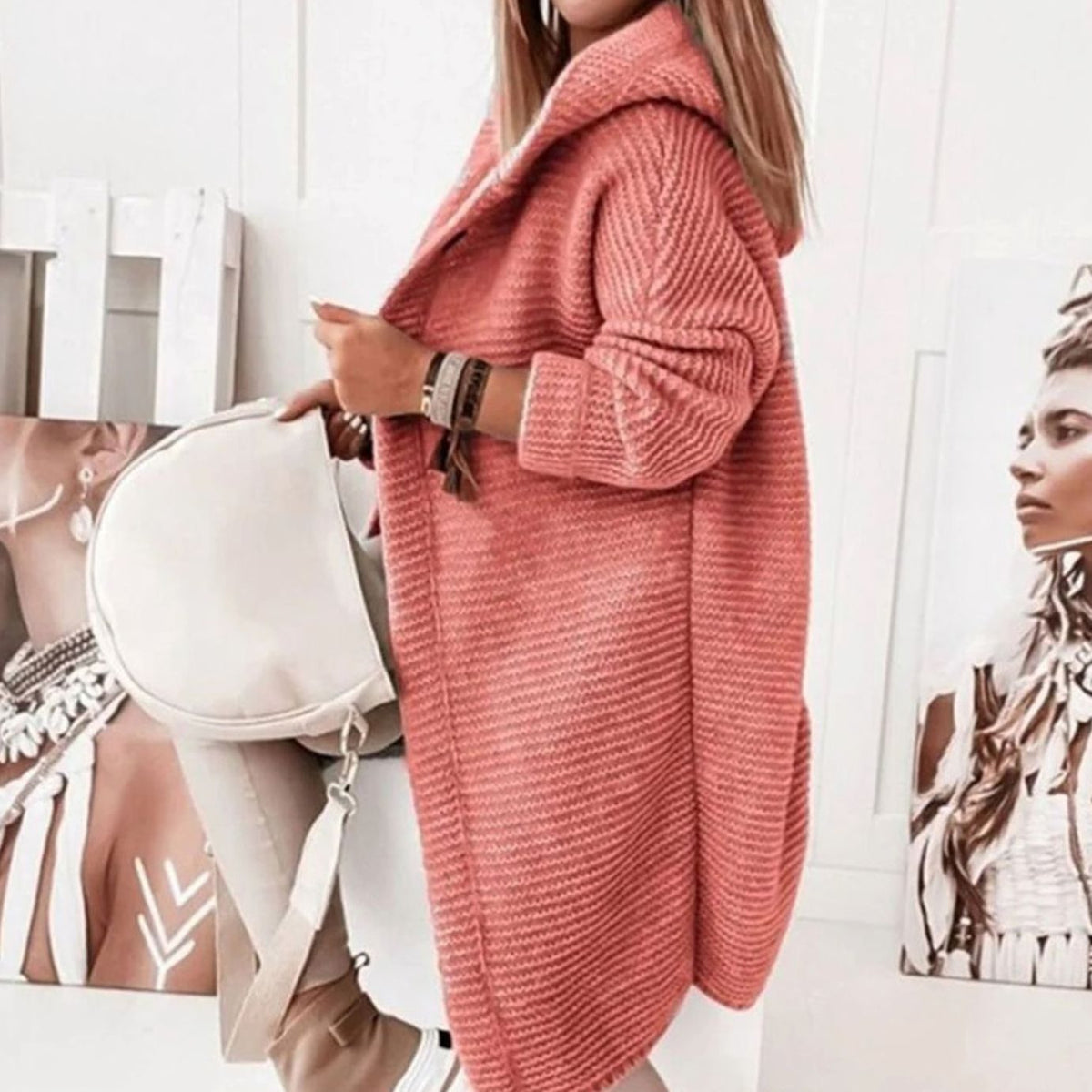 Women's Hooded Long-Sleeve Open-Front Knit Winter Cardigan