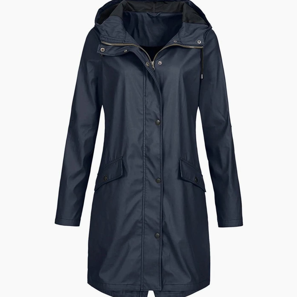 Women's Hooded Longline Waterproof Winter Coat Snap-Button - Navy Blue
