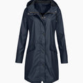 Women's Hooded Longline Waterproof Winter Coat Snap-Button - Navy Blue