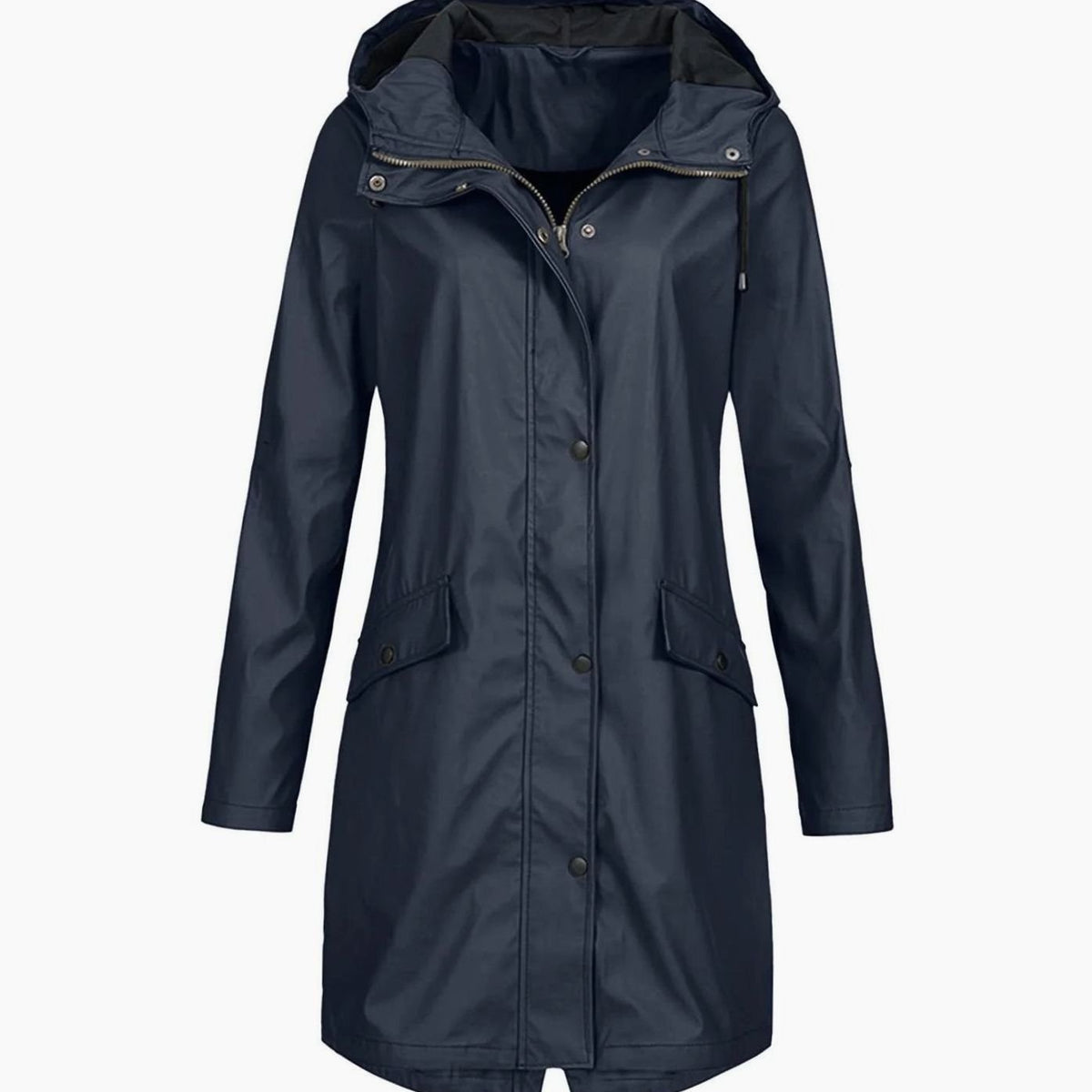 Women's Hooded Longline Waterproof Winter Coat Snap-Button - Navy Blue