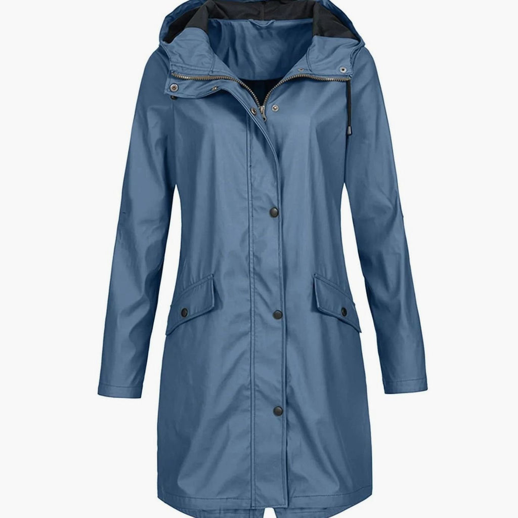 Women's Hooded Longline Waterproof Winter Coat Snap-Button - Blue