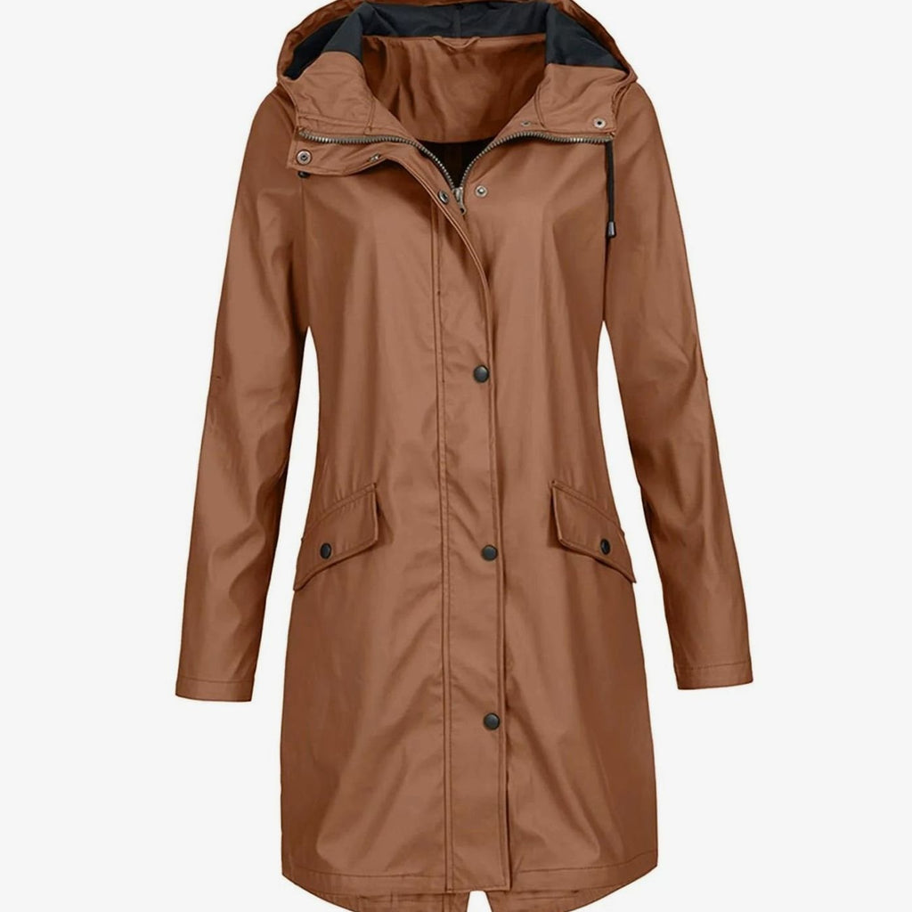 Women's Hooded Longline Waterproof Winter Coat Snap-Button - Dark Brown