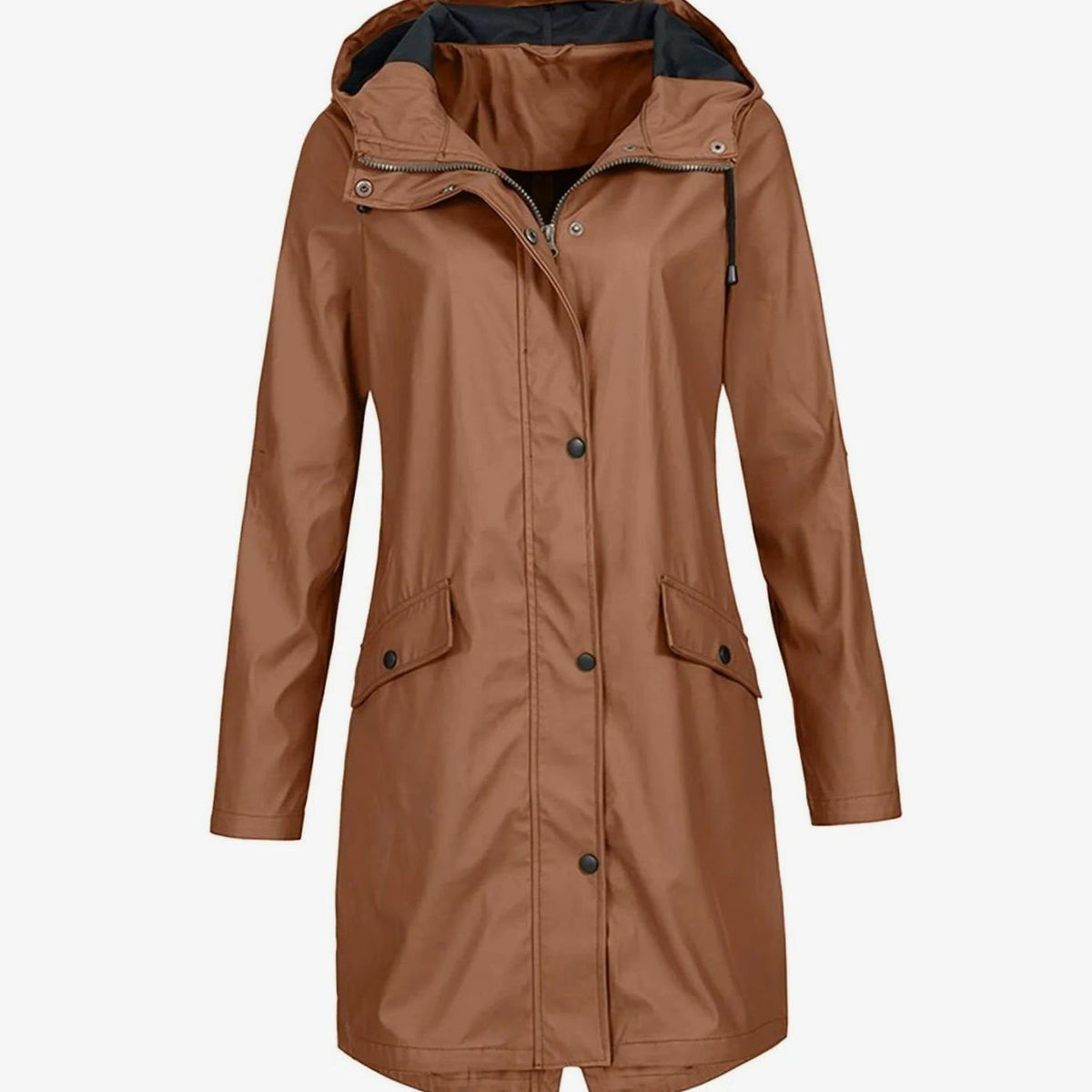 Women's Hooded Longline Waterproof Winter Coat Snap-Button - Dark Brown
