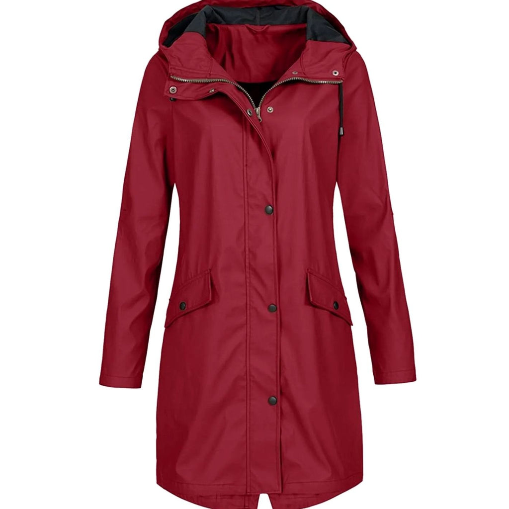 Women's Hooded Longline Waterproof Winter Coat Snap-Button - Burgundy