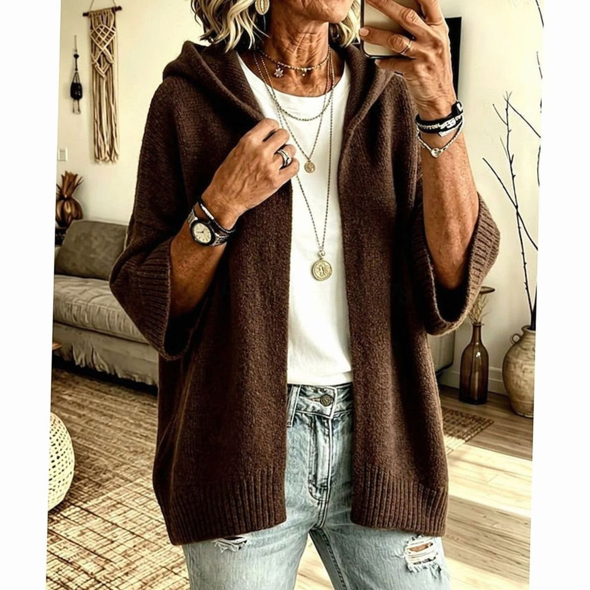 Women's Hooded Open-Front Relaxed-Fit Knit Cardigan