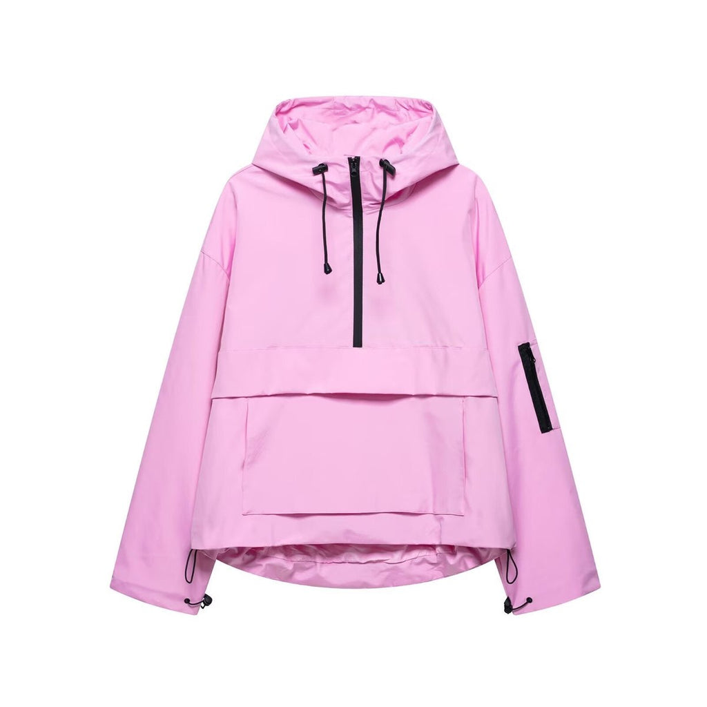 Women's Hooded Pullover Anorak Quilted Jacket Half-Zip - Pink