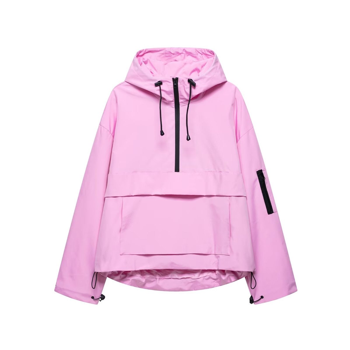 Women's Hooded Pullover Anorak Quilted Jacket Half-Zip - Pink