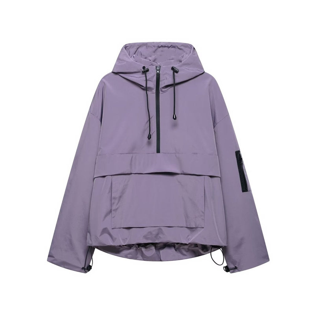 Women's Hooded Pullover Anorak Quilted Jacket Half-Zip - Purple