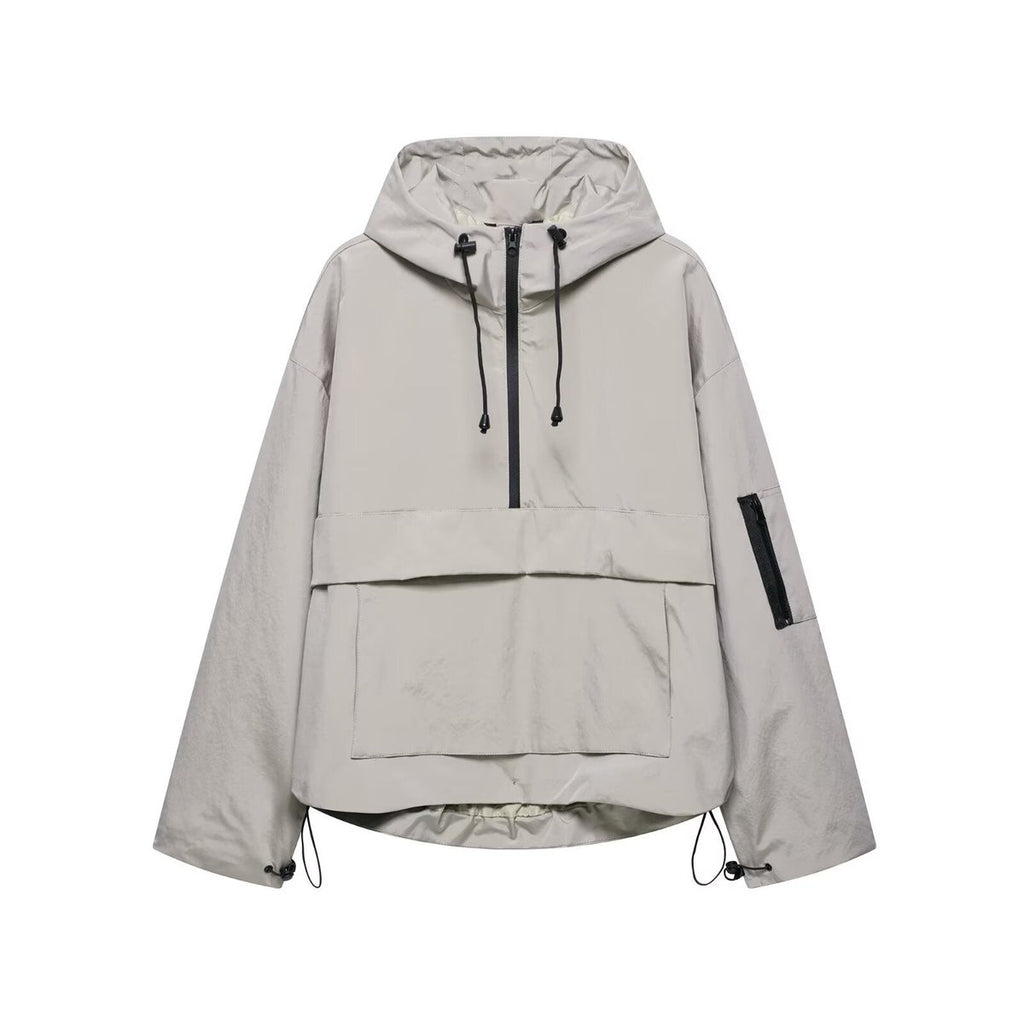 Women's Hooded Pullover Anorak Quilted Jacket Half-Zip - Gray