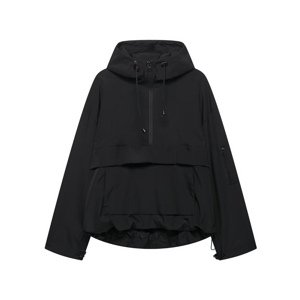 Women's Hooded Pullover Anorak Quilted Jacket Half-Zip - Black