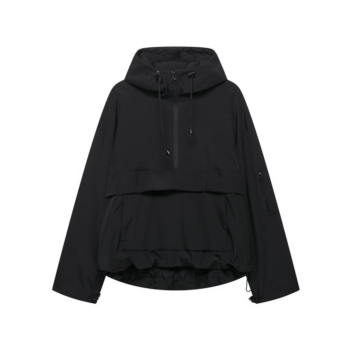 Women's Hooded Pullover Anorak Quilted Jacket Half-Zip - Black