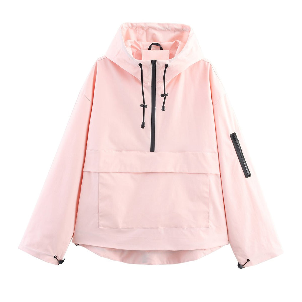 Women's Hooded Pullover Anorak Quilted Jacket Half-Zip - Light Pink
