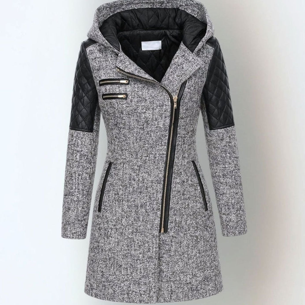 Women's Hooded Quilted-Panel Asymmetric-Zip Wool-Blend Coat - Light Gray