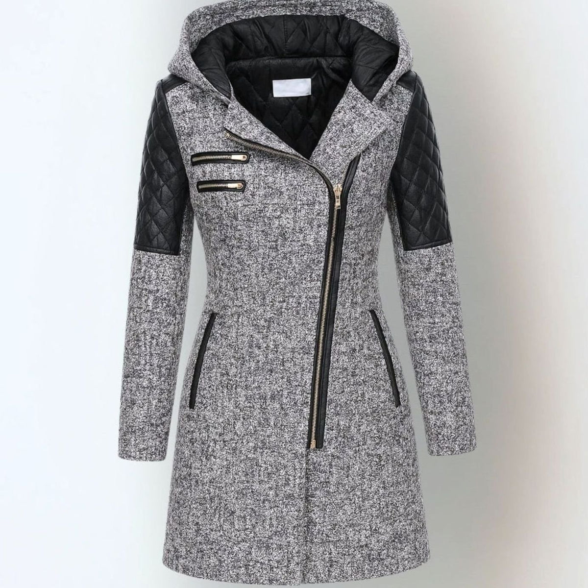 Women's Hooded Quilted-Panel Asymmetric-Zip Wool-Blend Coat - Light Gray