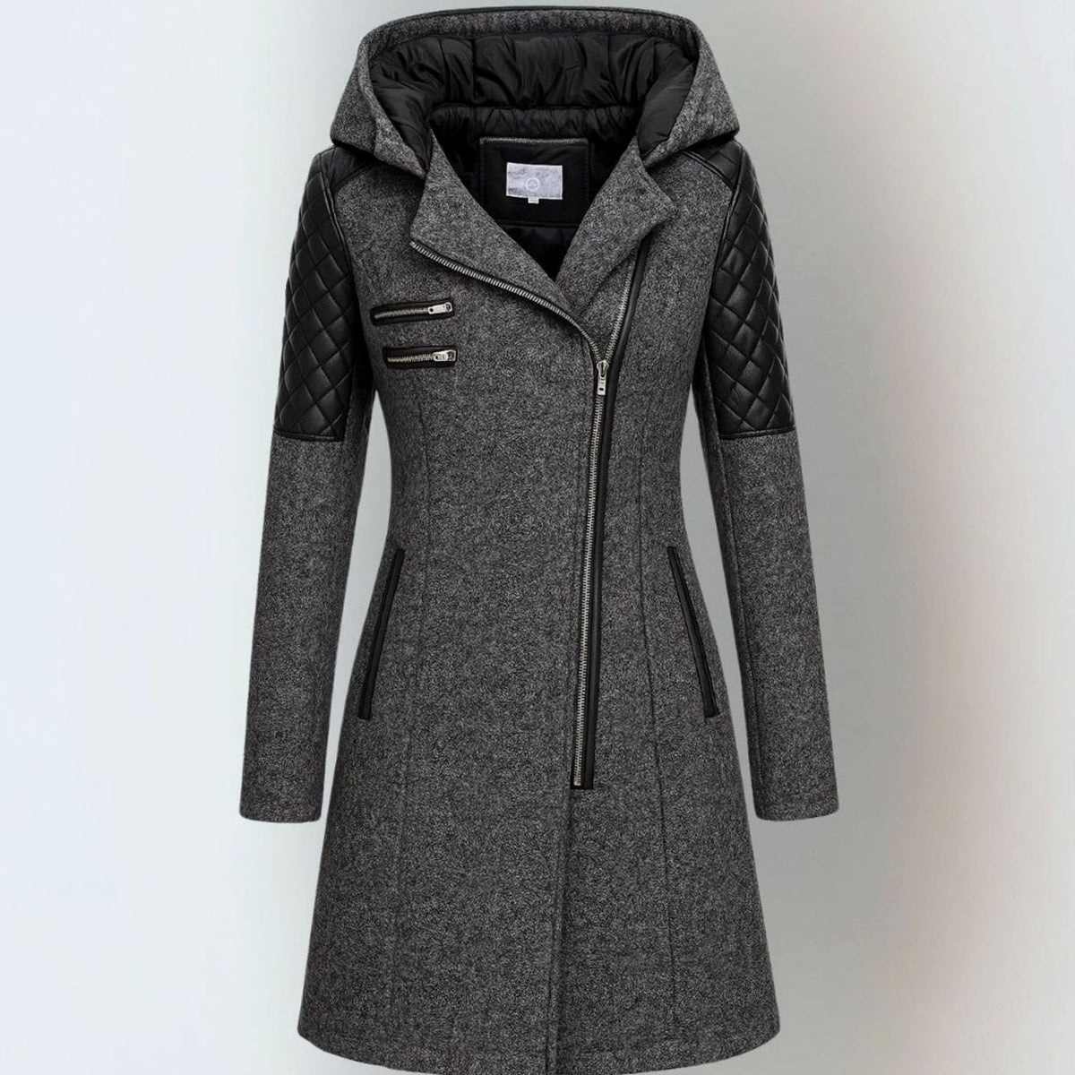 Women's Hooded Quilted-Panel Asymmetric-Zip Wool-Blend Coat - Dark Gray