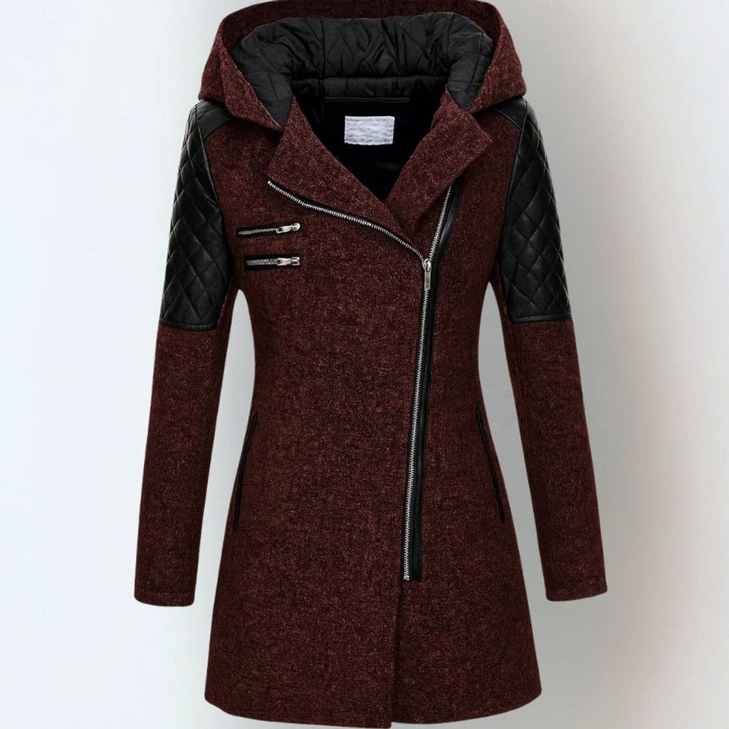Women's Hooded Quilted-Panel Asymmetric-Zip Wool-Blend Coat - Red