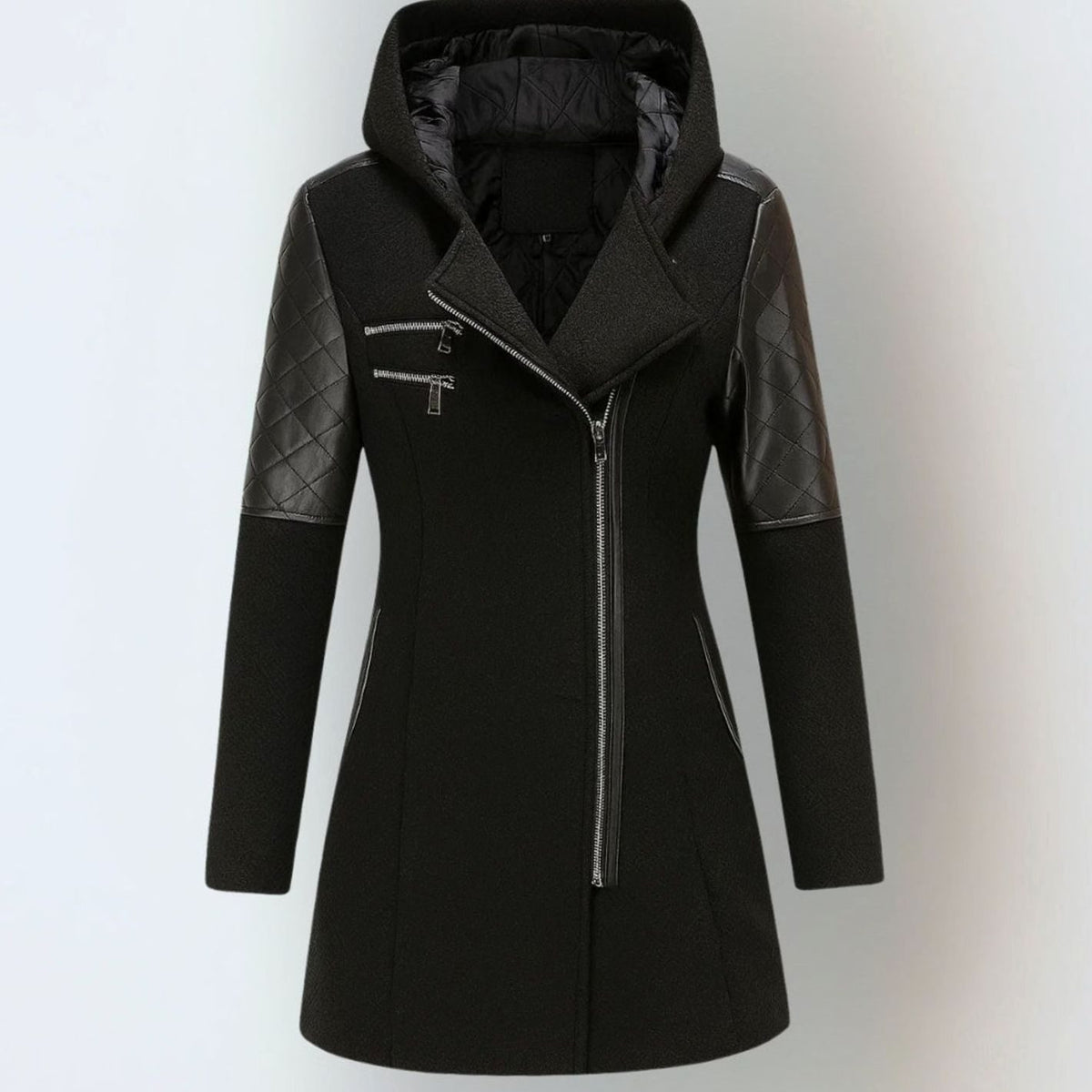 Women's Hooded Quilted-Panel Asymmetric-Zip Wool-Blend Coat - Black