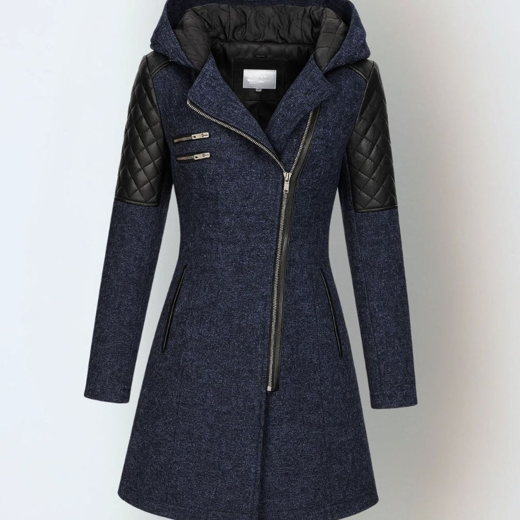 Women's Hooded Quilted-Panel Asymmetric-Zip Wool-Blend Coat - Blue
